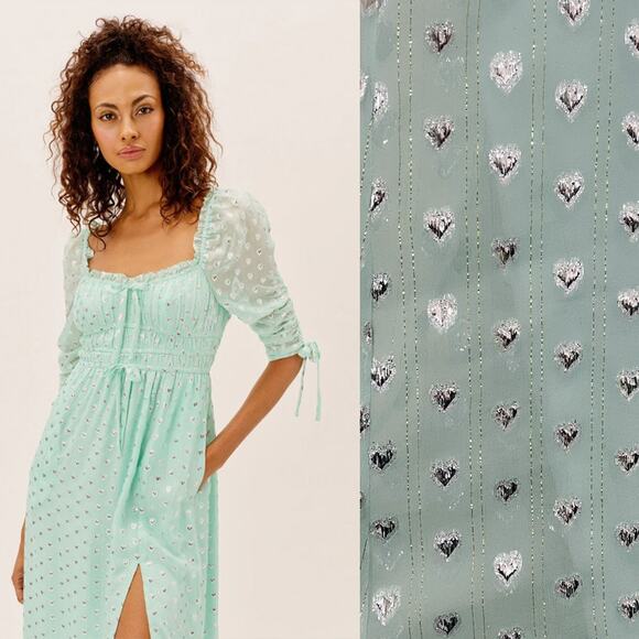 FOR LOVE & LEMONS NWT Eden Silk Metallic Hearts Midi Dress Mint Silver Size S - Picture 3 of 13